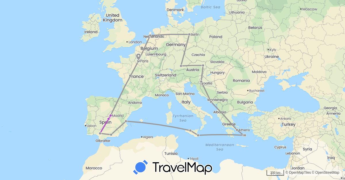 TravelMap itinerary: driving, plane, train in Austria, Germany, Spain, France, Greece, Croatia, Italy, Netherlands (Europe)